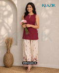 Maroon Plain Bloom Sleeveless Kurti With Kalamkari Printed Farshi Salwar Set