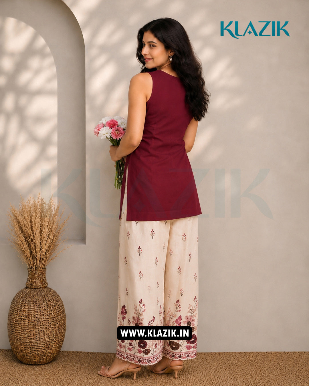 Maroon Plain Bloom Sleeveless Kurti With Kalamkari Printed Farshi Salwar Set