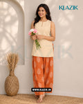 Cream Sleeveless Kurti With Orange Printed Farshi Salwar Set