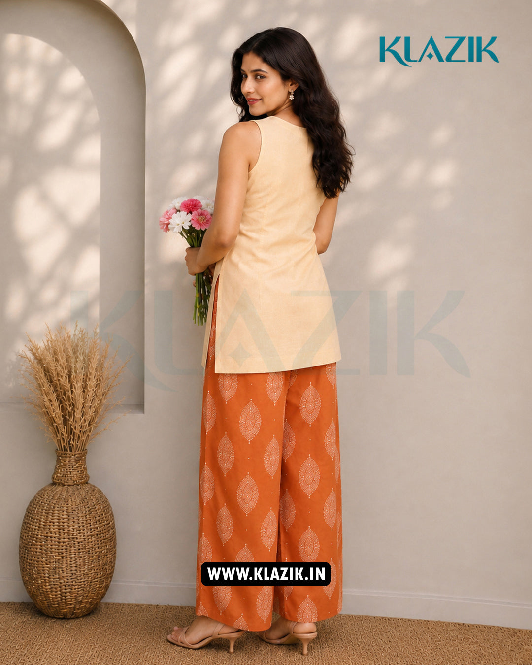 Cream Sleeveless Kurti With Orange Printed Farshi Salwar Set