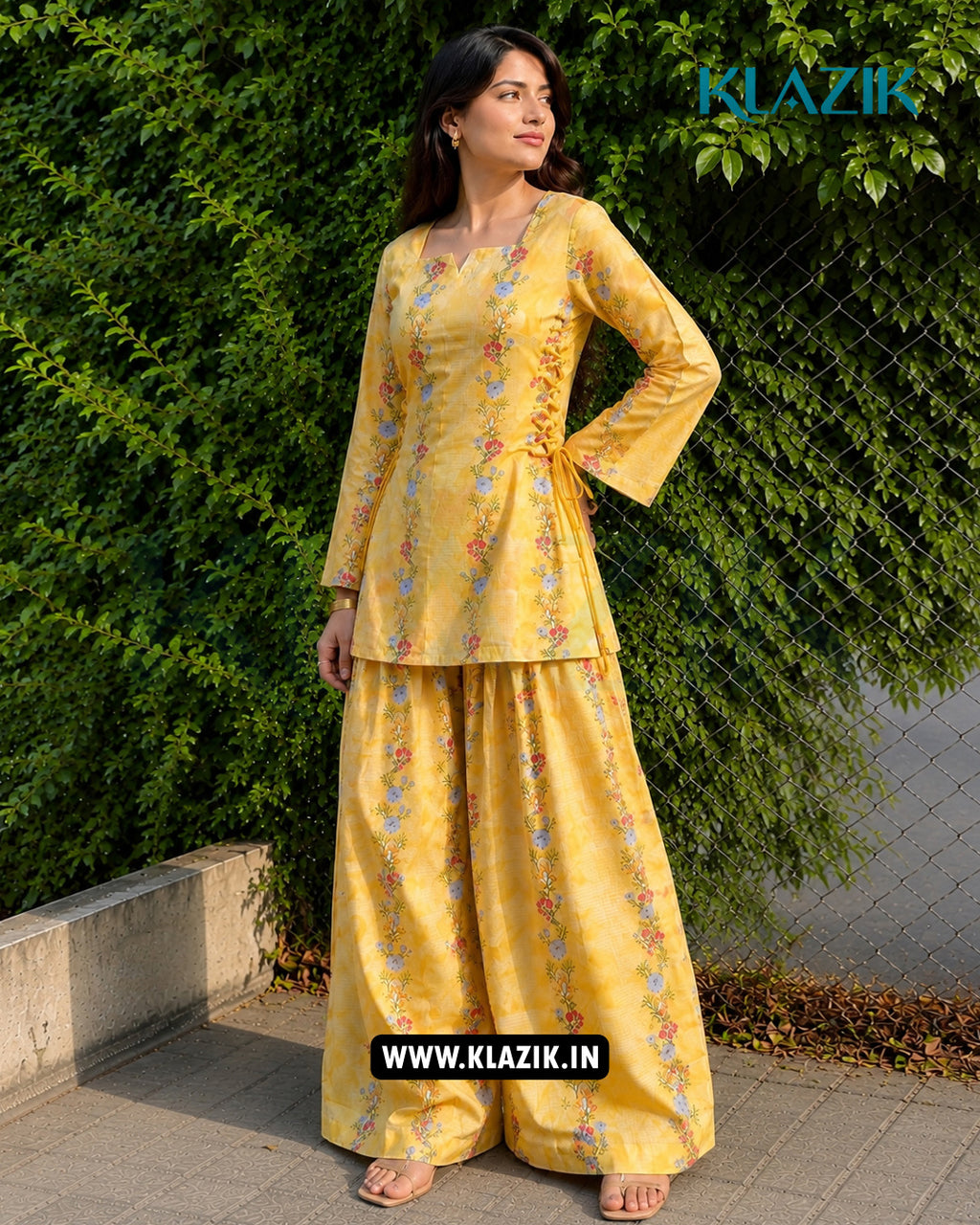 Serena Yellow Floral Side Corset Kurti With Printed Farshi Salwar Set