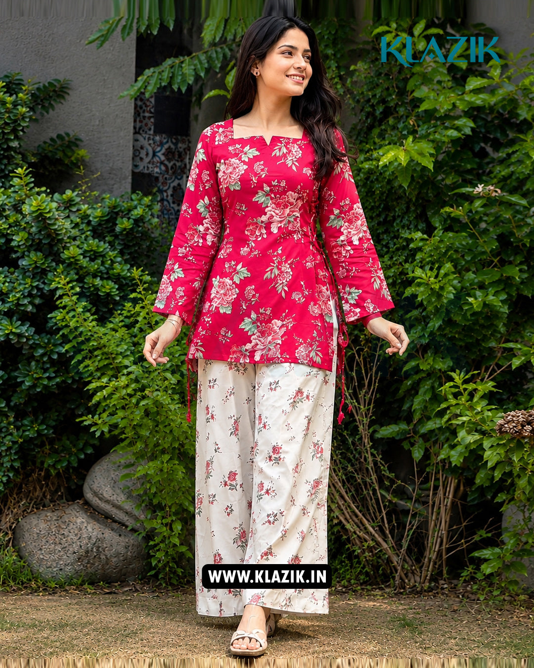Rosalie Pink Floral Side Corset Kurti With Printed Farshi Salwar Set