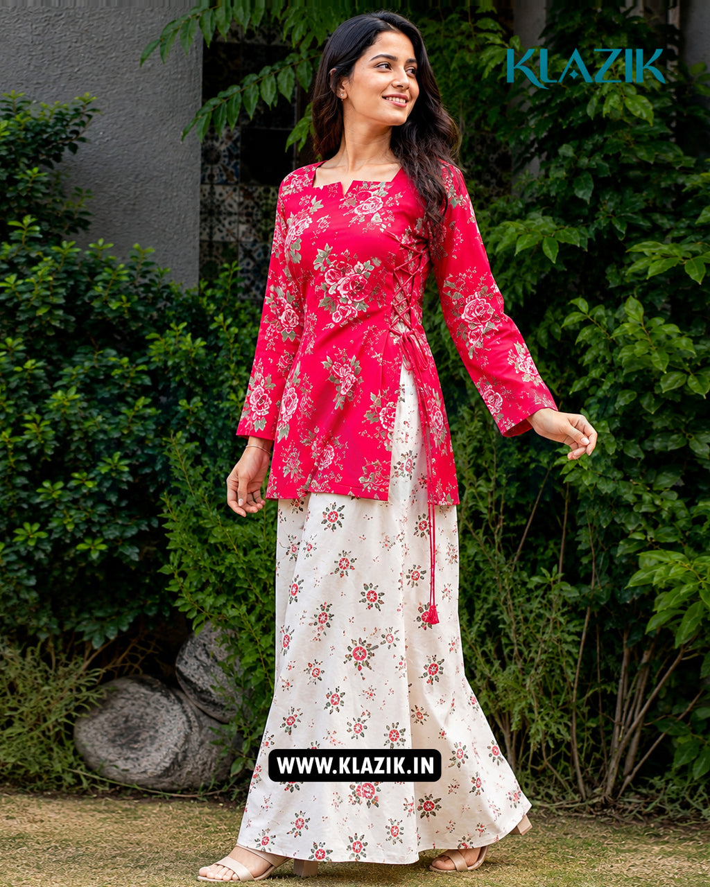 Rosalie Pink Floral Side Corset Kurti With Printed Farshi Salwar Set