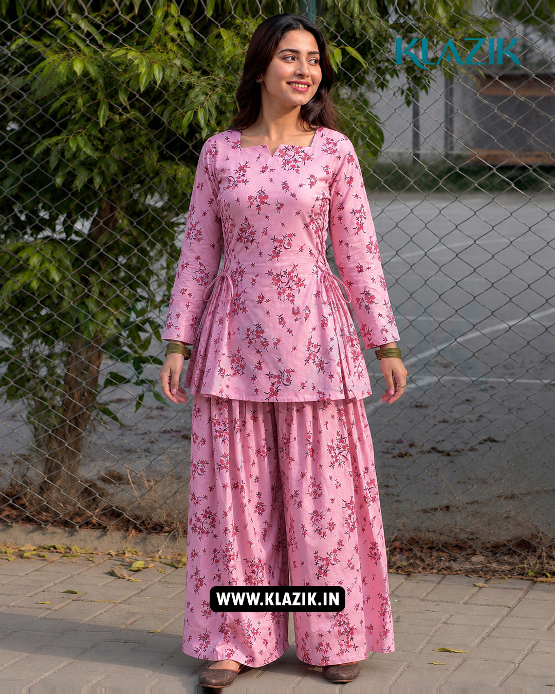 Isabella Pink Floral Side Corset Kurti With Printed Farshi Salwar Set