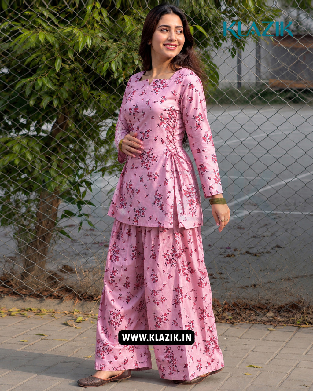 Isabella Pink Floral Side Corset Kurti With Printed Farshi Salwar Set