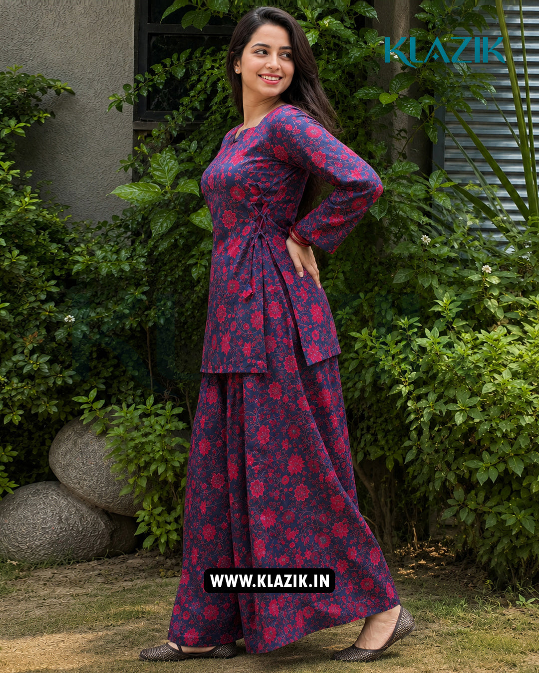 Scarlett Navy And Pink Floral Side Corset Kurti With Printed Farshi Salwar Set